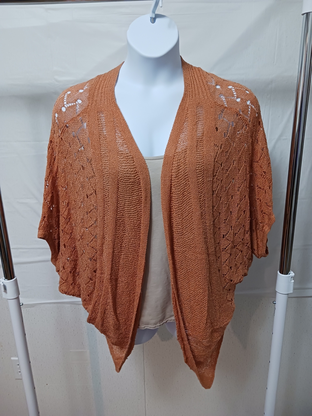 Umgee Open-Front Lace Knit Shrug in Rusty Orange